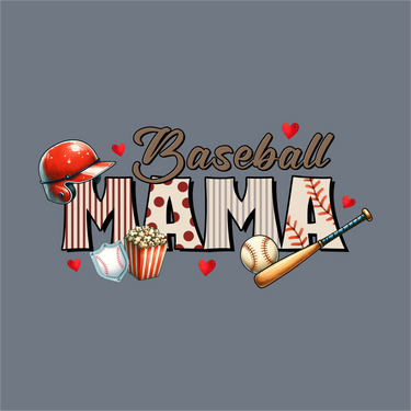 InkMerge’s Baseball Mama Retro DTF Transfer features a helmet, balls, bat, popcorn, red hearts, and “MAMA” with stripes and polka dots on gray. Ready to press for baseball moms!.